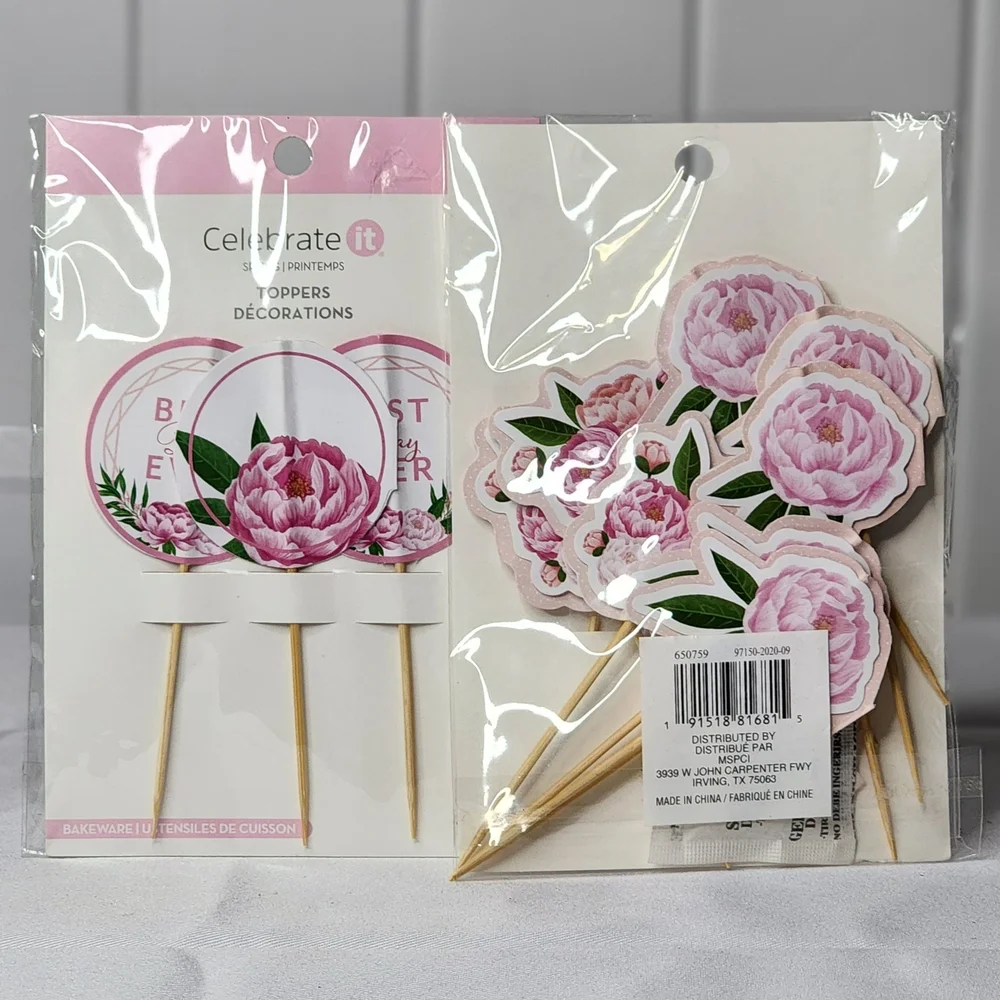 Celebrate It Pink Floral Cupcake Toppers 2pks